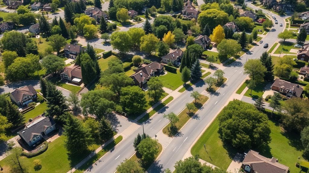 Aerial view of a residential neighborhood